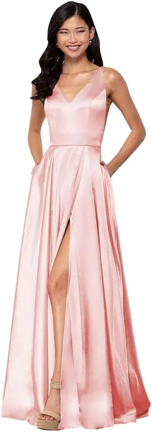 Women's Long A-Line Satin Prom Dresses High Slit V-Neck Backless Formal Party Evening Ball Gowns with Pockets