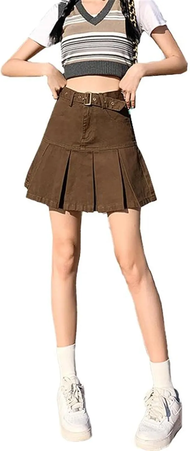 Women's Skirt Female's American Retro Denim with Pleats Mini Skirts