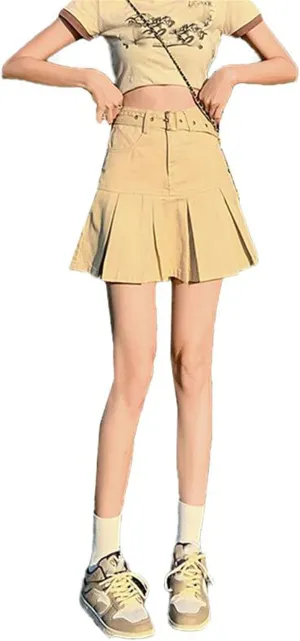 Women's Skirt Female's American Retro Denim with Pleats Mini Skirts