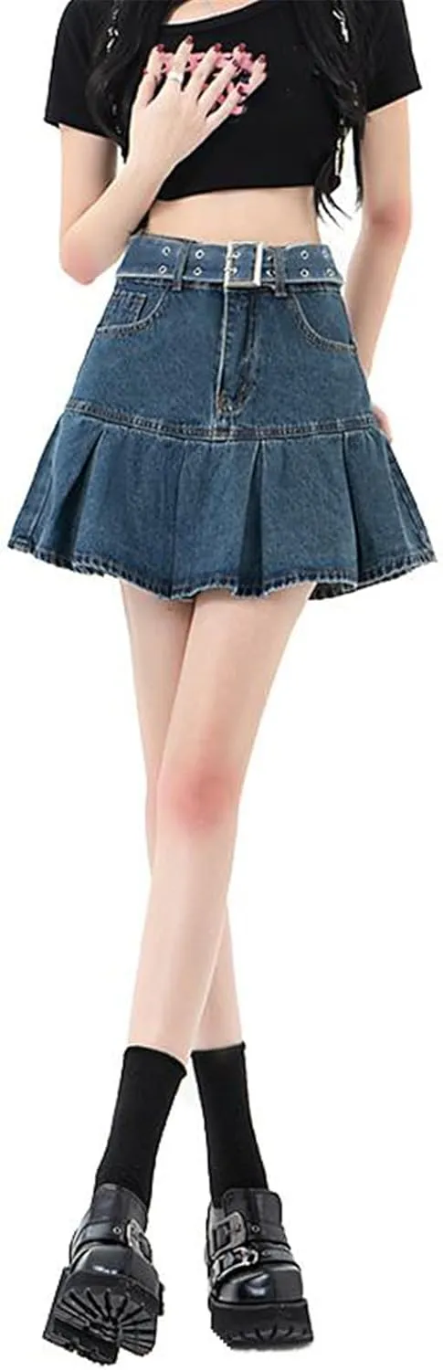 Women's Skirt Female's American Retro Denim with Pleats Mini Skirts