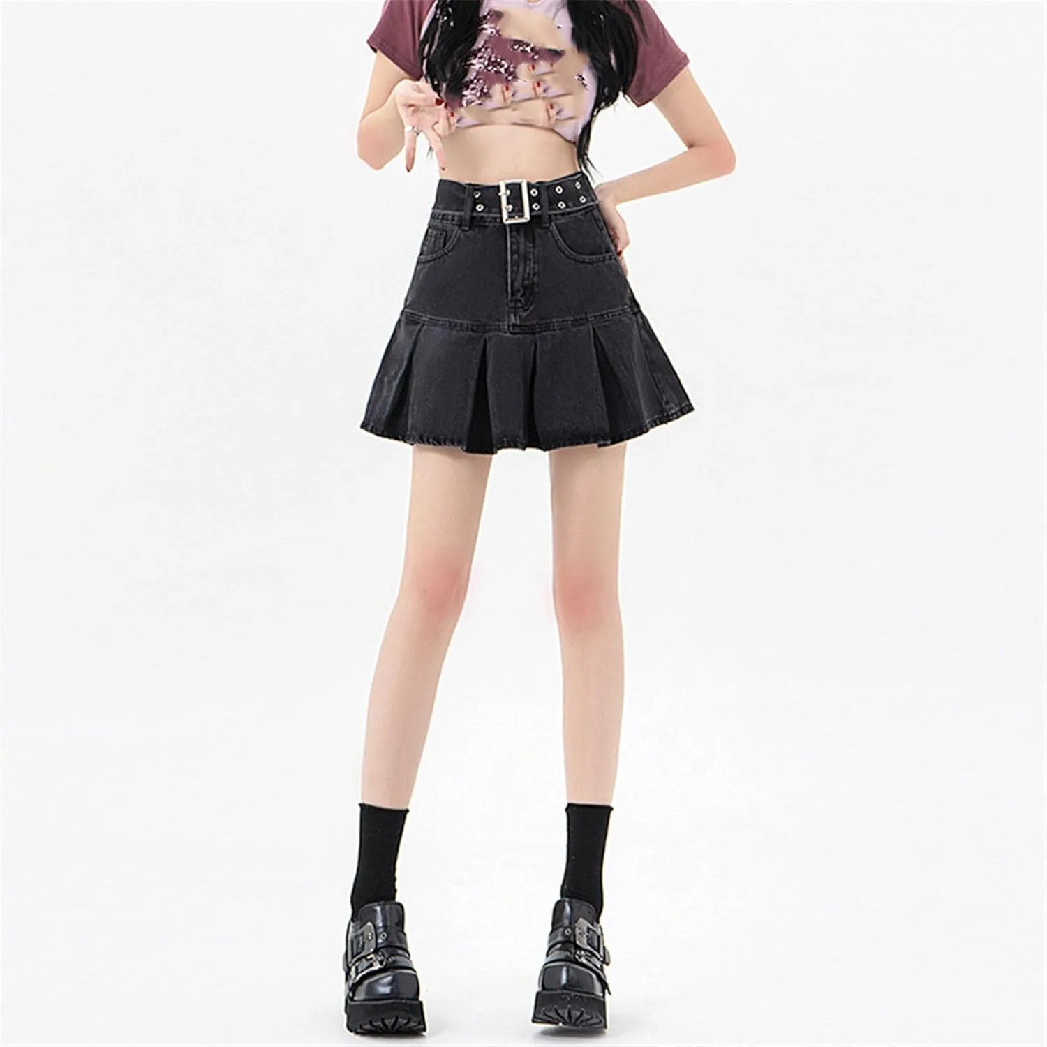 Women's Skirt Female's American Retro Denim with Pleats Mini Skirts