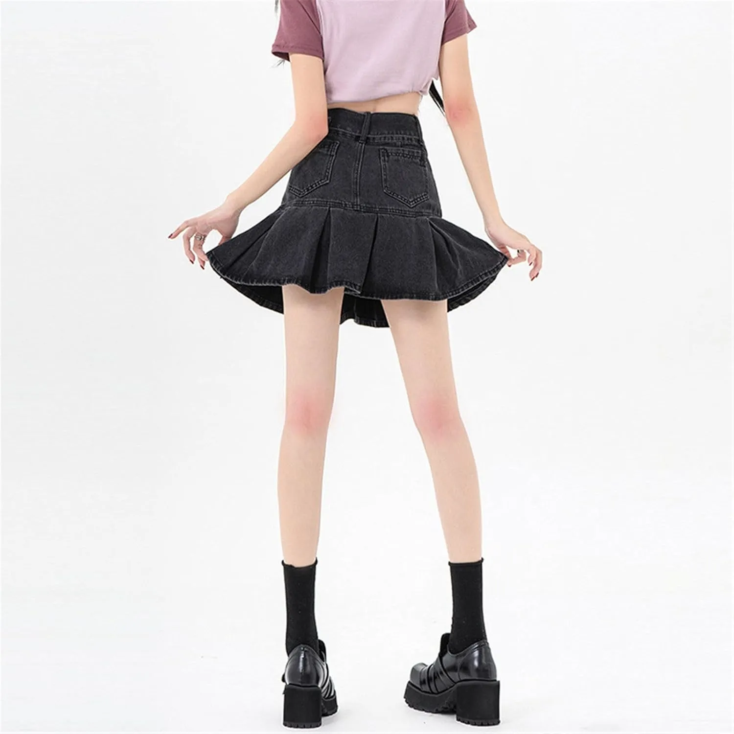 Women's Skirt Female's American Retro Denim with Pleats Mini Skirts