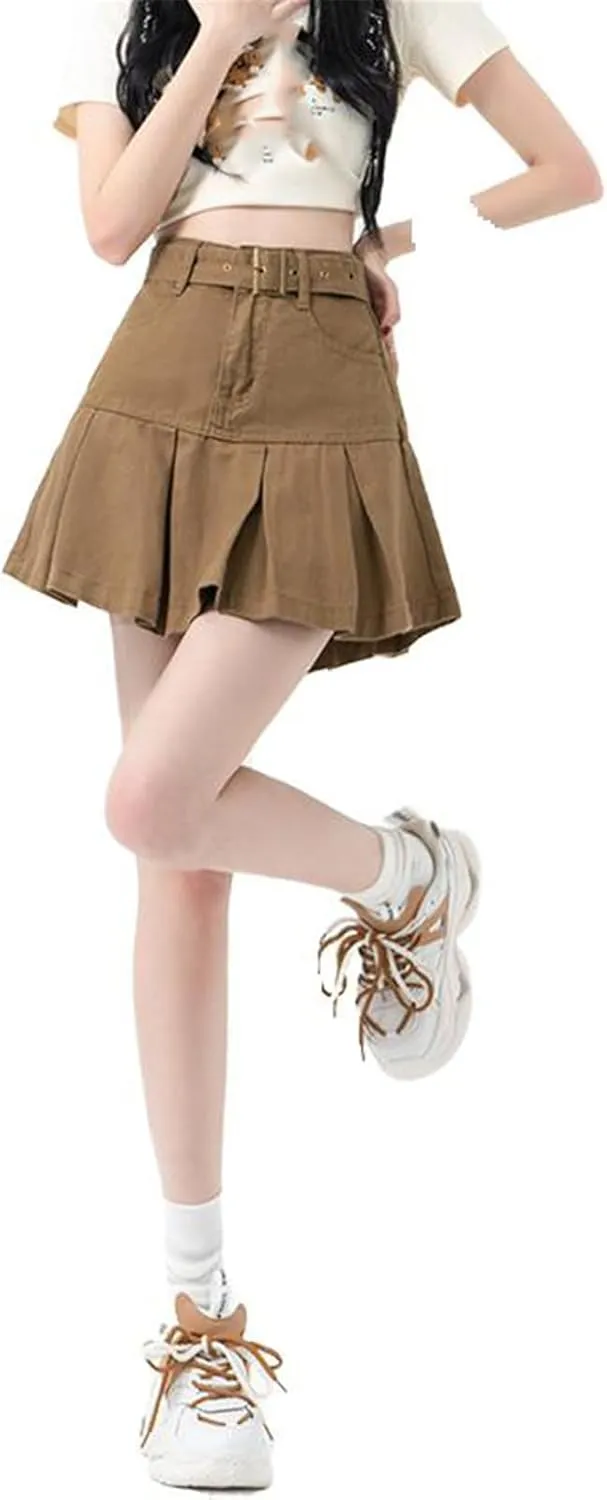 Women's Skirt Female's American Retro Denim with Pleats Mini Skirts