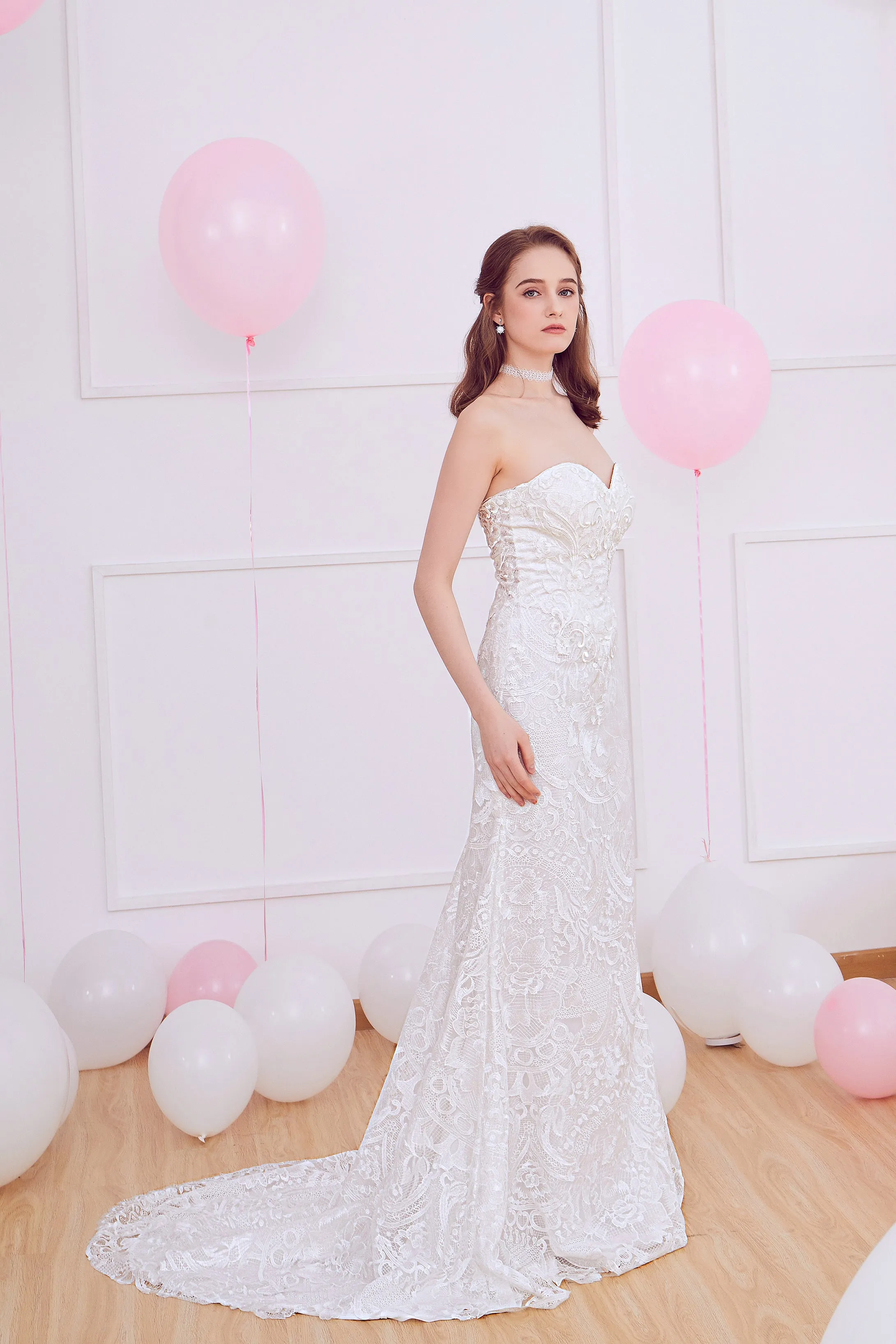 Yannia - Selena Huan French Chantilly lace strapless mermaid gown