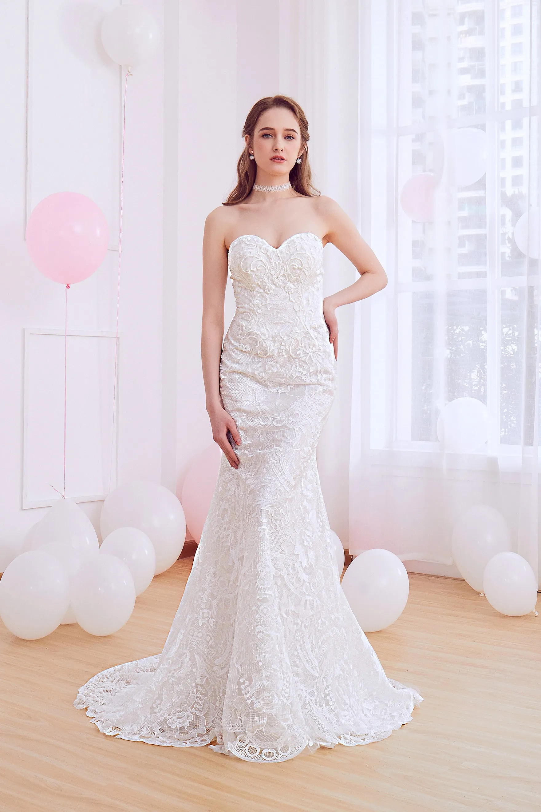 Yannia - Selena Huan French Chantilly lace strapless mermaid gown