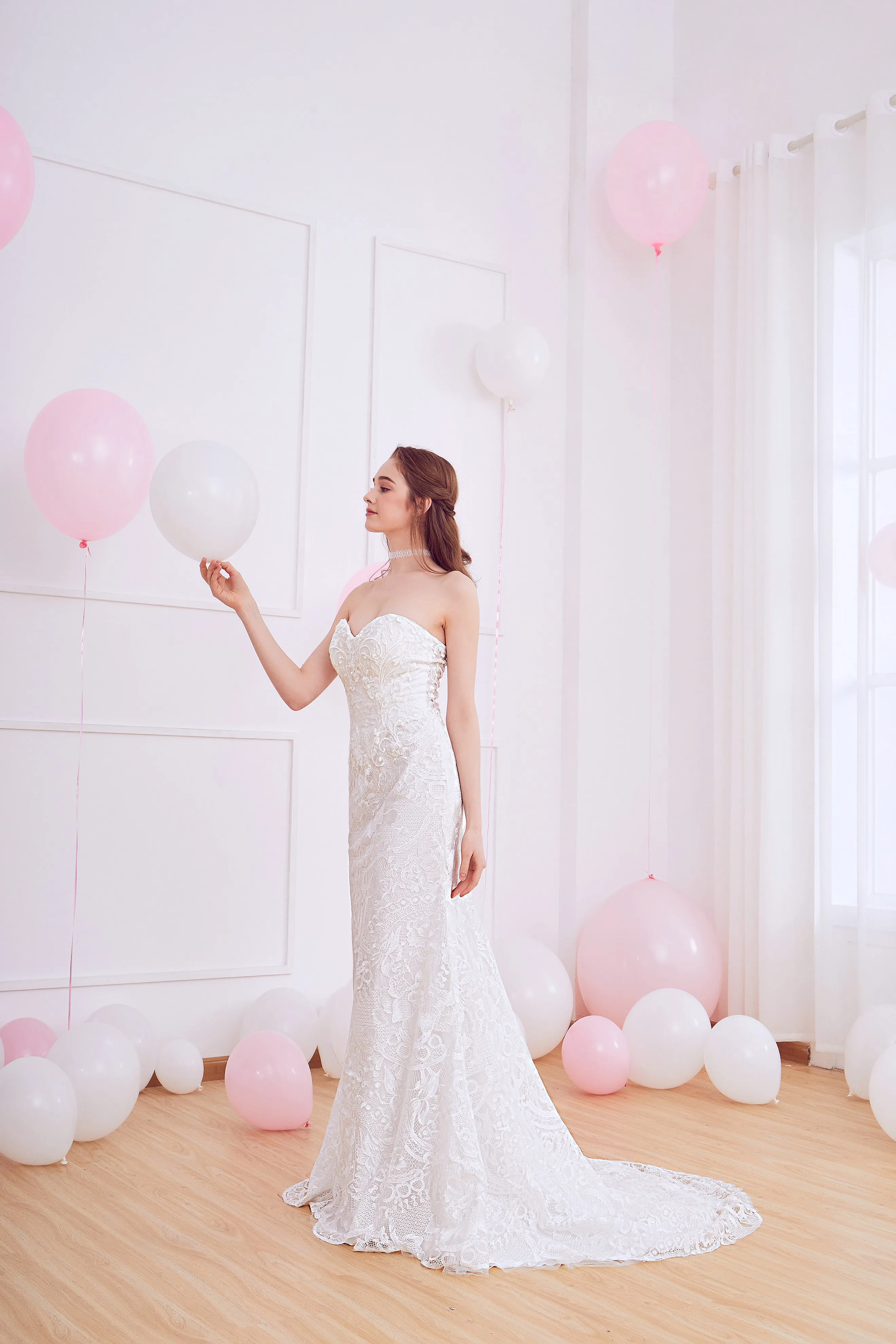 Yannia - Selena Huan French Chantilly lace strapless mermaid gown