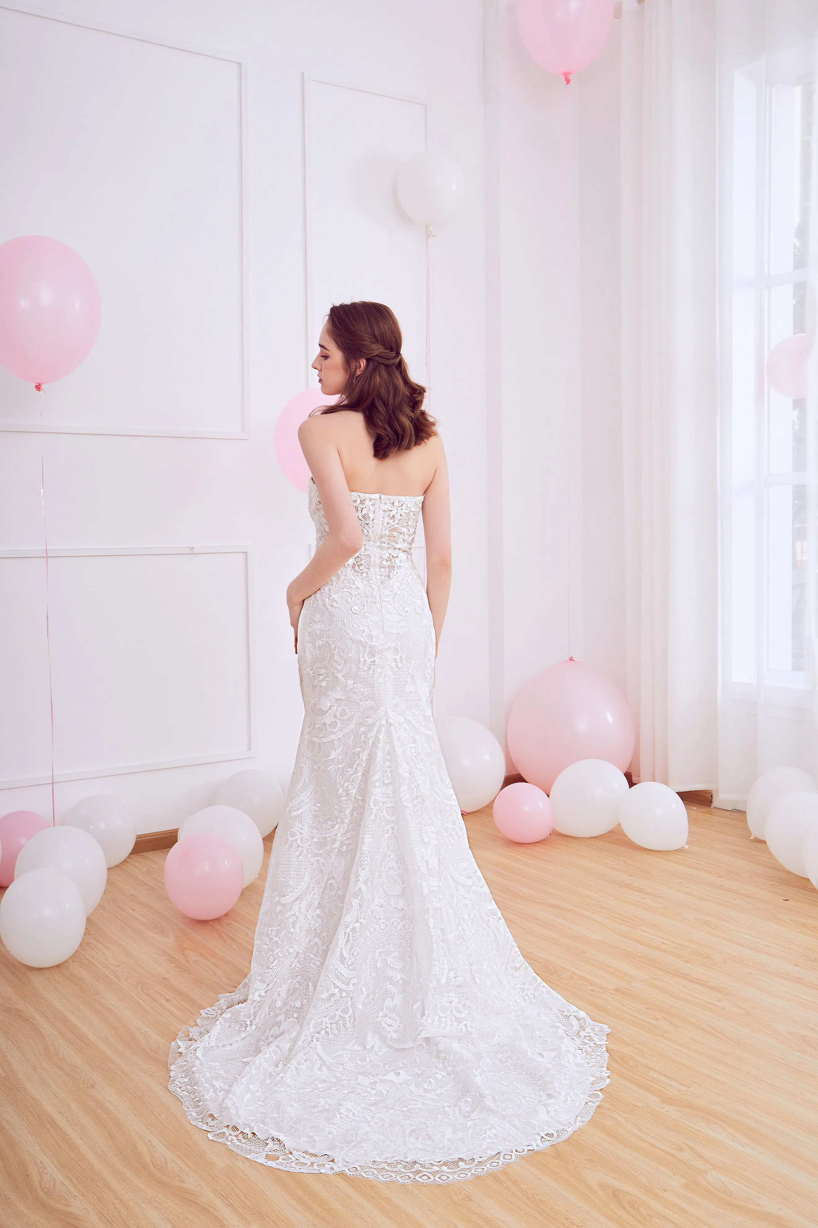 Yannia - Selena Huan French Chantilly lace strapless mermaid gown