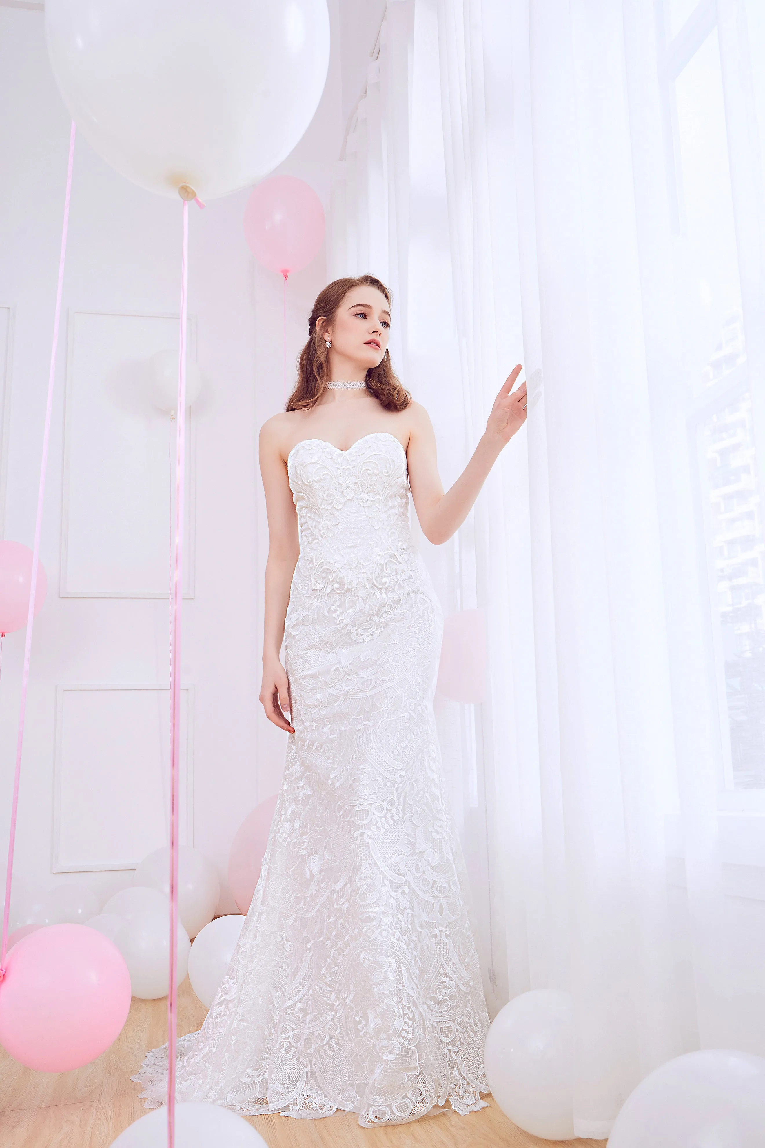 Yannia - Selena Huan French Chantilly lace strapless mermaid gown