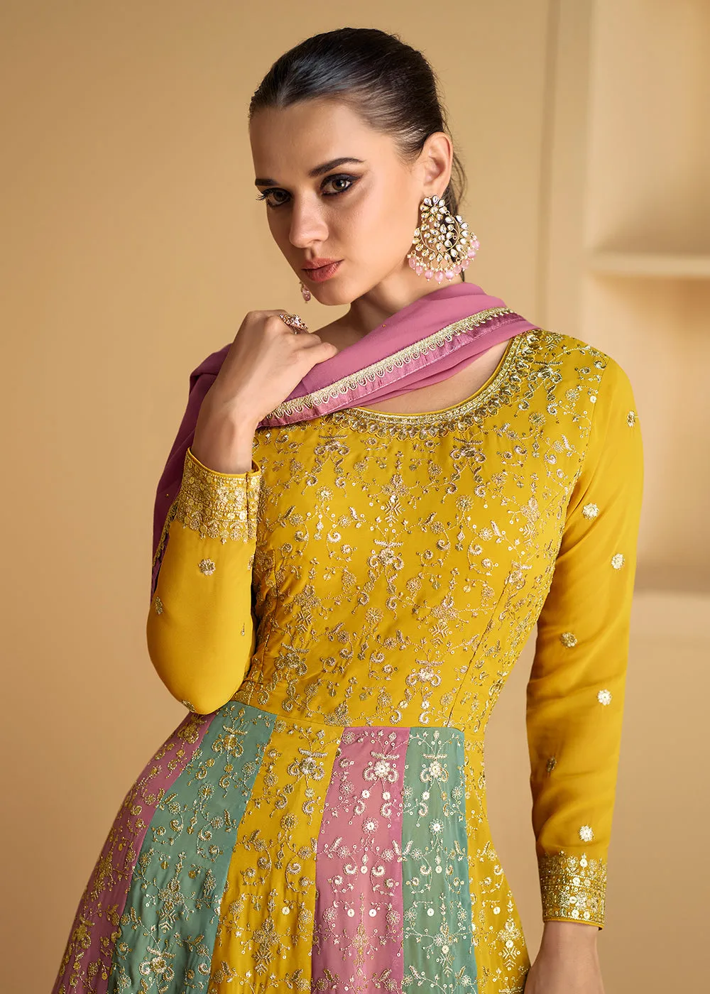 Yellow & Multicolor Embroidered Wedding Style Anarkali Suit