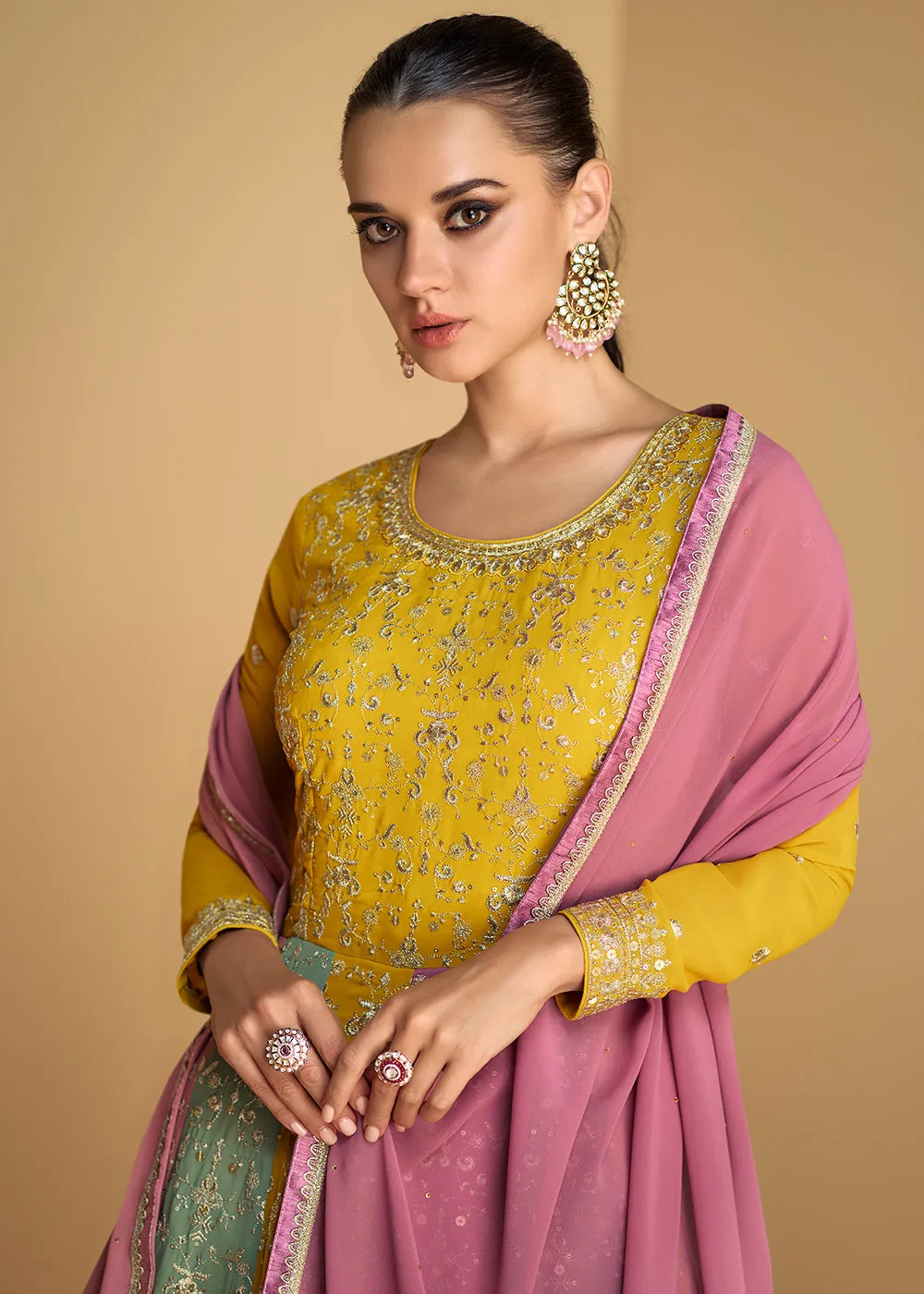 Yellow & Multicolor Embroidered Wedding Style Anarkali Suit