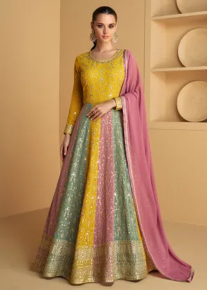 Yellow & Multicolor Embroidered Wedding Style Anarkali Suit