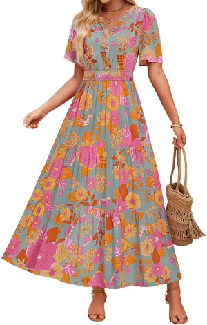 ZESICA Women's 2025 Summer Floral V Neck Maxi Dress Short Sleeve High Waist A Line Tiered Flowy Boho Vacation Dresses