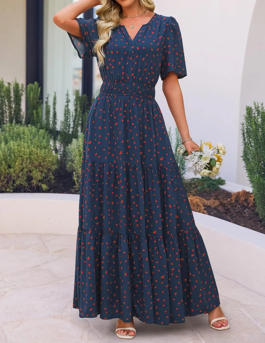 ZESICA Women's 2025 Summer Floral V Neck Maxi Dress Short Sleeve High Waist A Line Tiered Flowy Boho Vacation Dresses