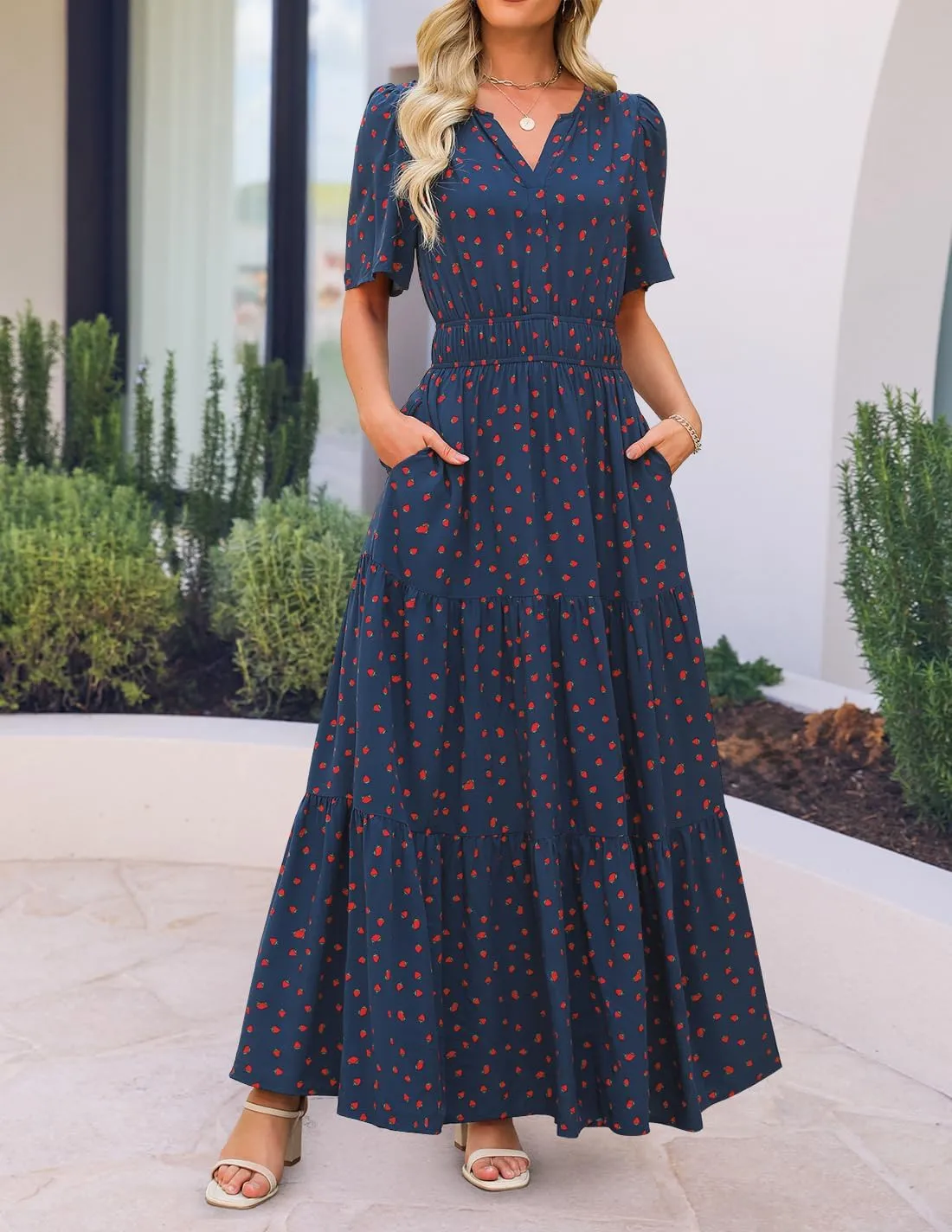 ZESICA Women's 2025 Summer Floral V Neck Maxi Dress Short Sleeve High Waist A Line Tiered Flowy Boho Vacation Dresses