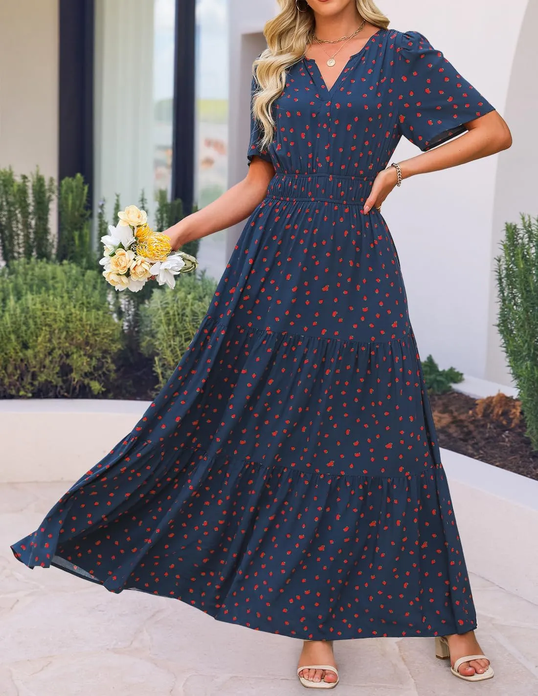 ZESICA Women's 2025 Summer Floral V Neck Maxi Dress Short Sleeve High Waist A Line Tiered Flowy Boho Vacation Dresses