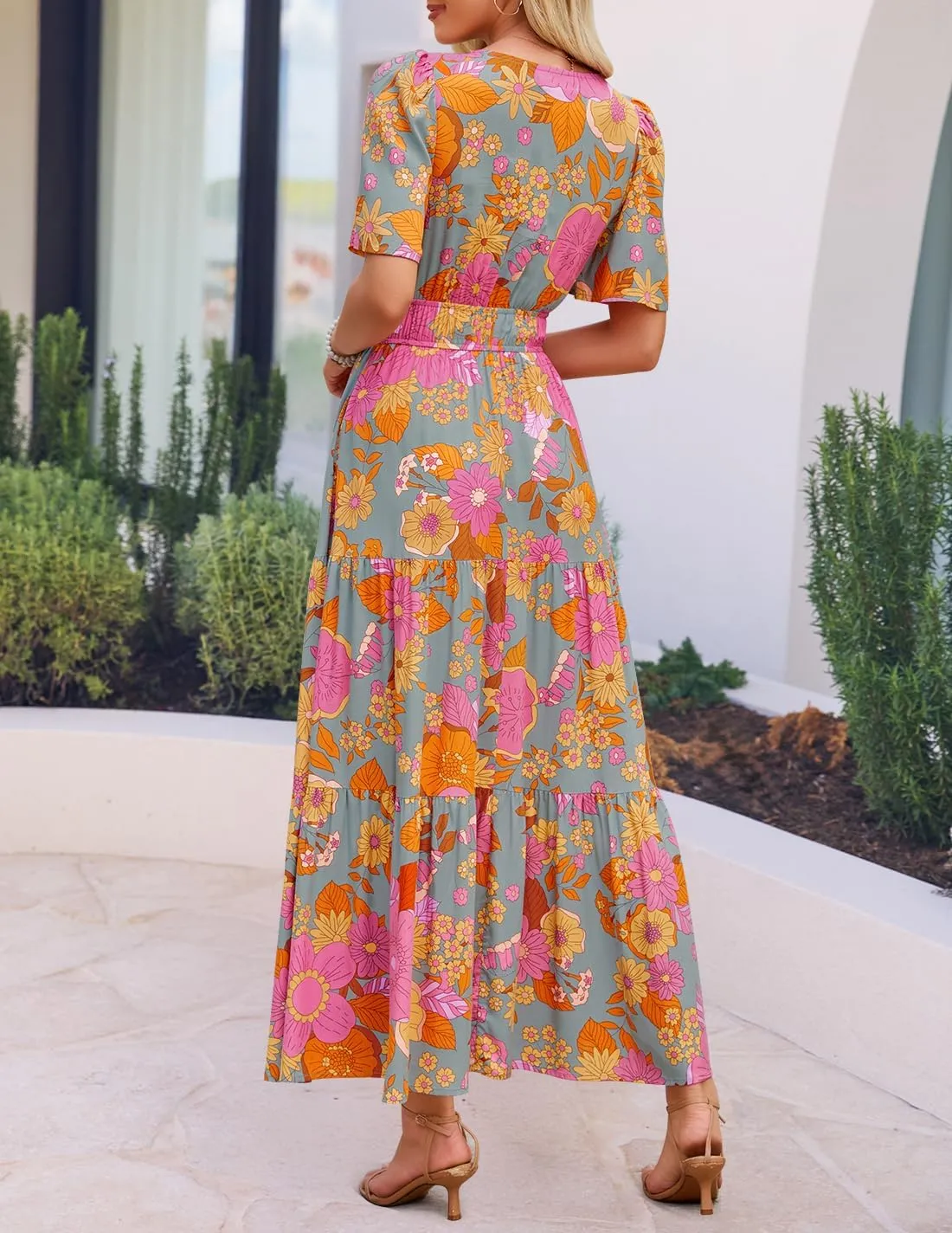 ZESICA Women's 2025 Summer Floral V Neck Maxi Dress Short Sleeve High Waist A Line Tiered Flowy Boho Vacation Dresses