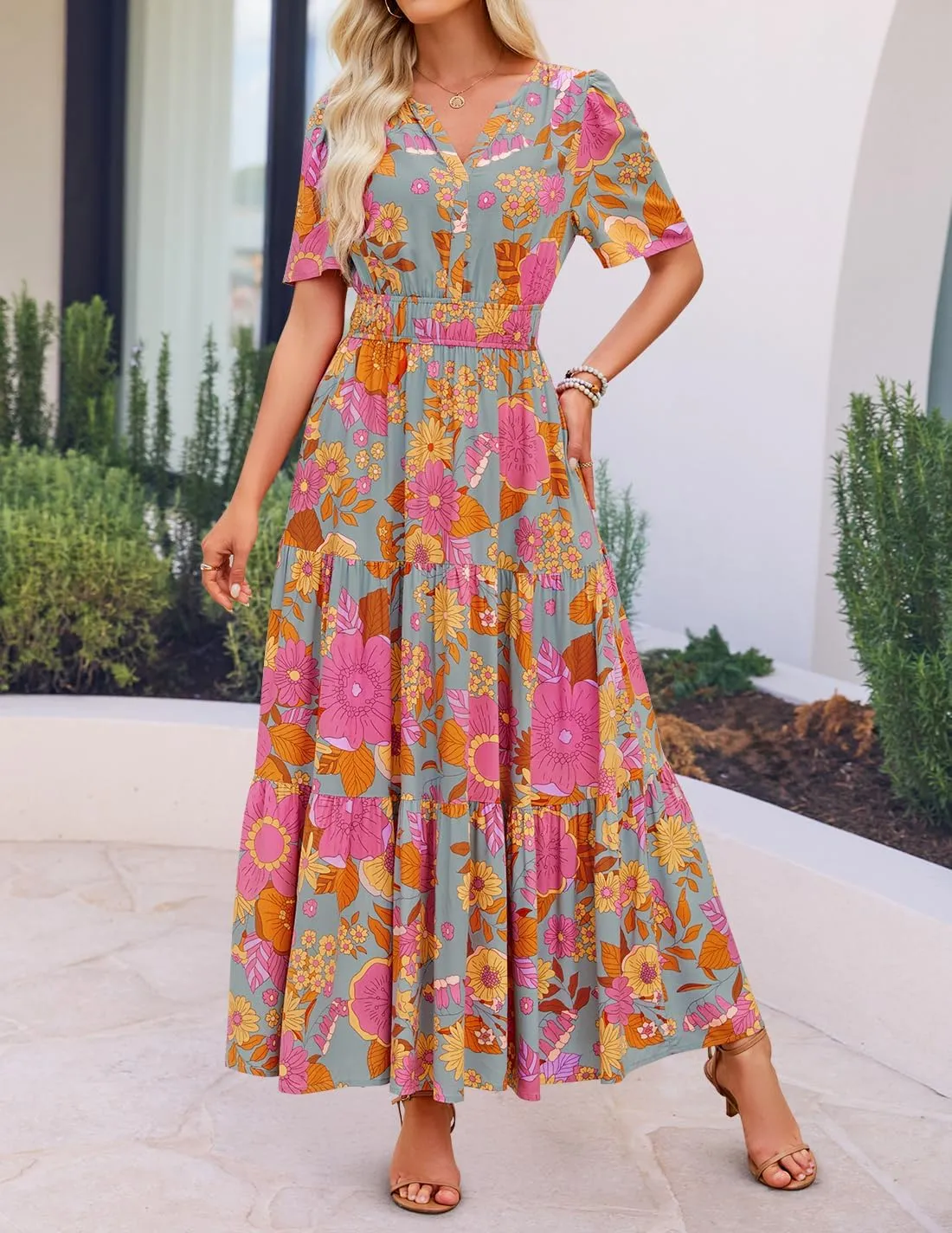 ZESICA Women's 2025 Summer Floral V Neck Maxi Dress Short Sleeve High Waist A Line Tiered Flowy Boho Vacation Dresses
