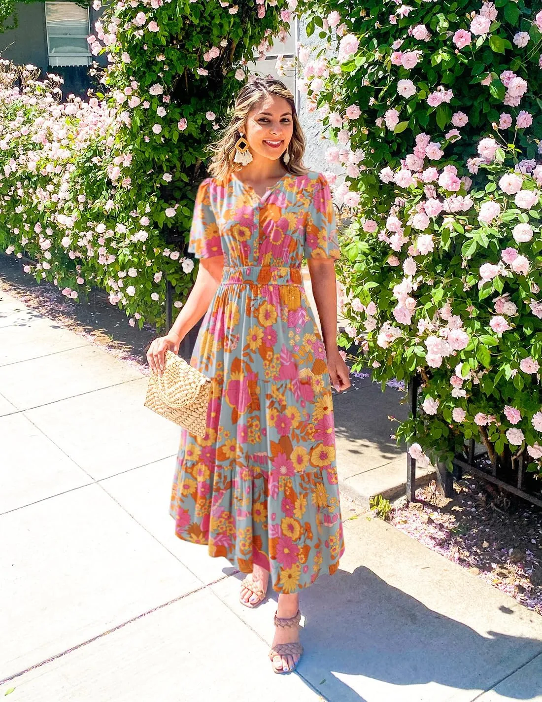 ZESICA Women's 2025 Summer Floral V Neck Maxi Dress Short Sleeve High Waist A Line Tiered Flowy Boho Vacation Dresses