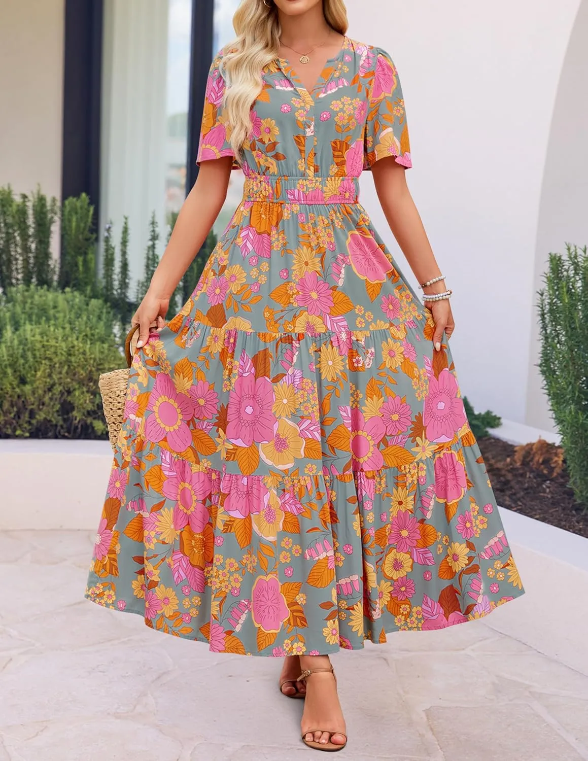 ZESICA Women's 2025 Summer Floral V Neck Maxi Dress Short Sleeve High Waist A Line Tiered Flowy Boho Vacation Dresses