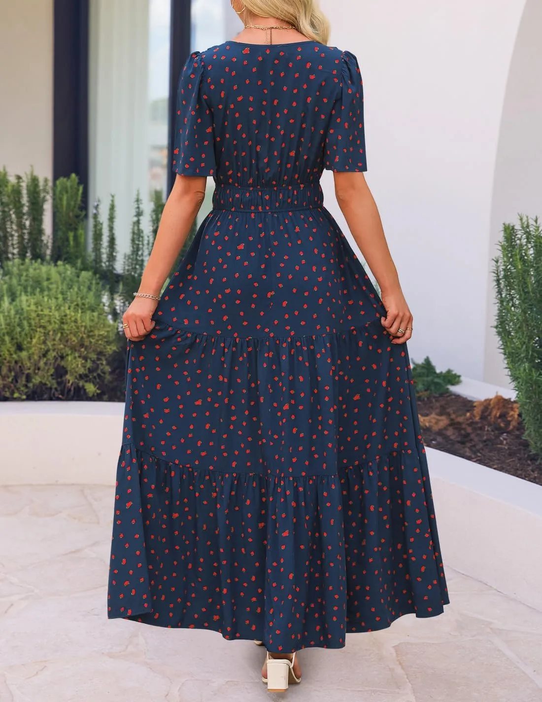 ZESICA Women's 2025 Summer Floral V Neck Maxi Dress Short Sleeve High Waist A Line Tiered Flowy Boho Vacation Dresses
