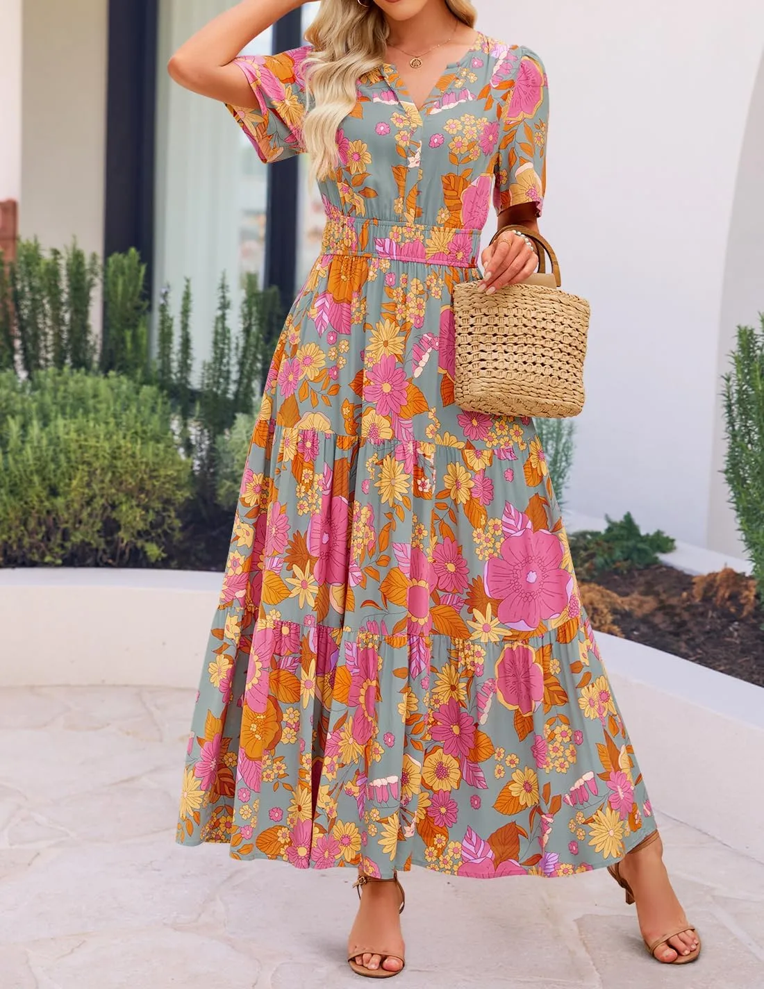 ZESICA Women's 2025 Summer Floral V Neck Maxi Dress Short Sleeve High Waist A Line Tiered Flowy Boho Vacation Dresses