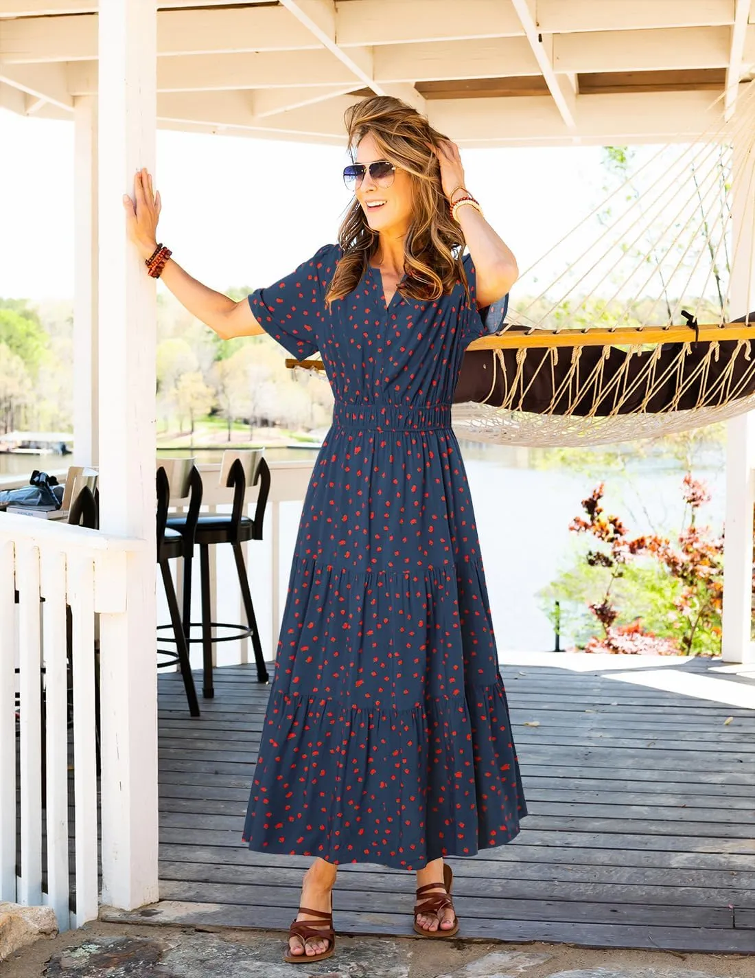 ZESICA Women's 2025 Summer Floral V Neck Maxi Dress Short Sleeve High Waist A Line Tiered Flowy Boho Vacation Dresses