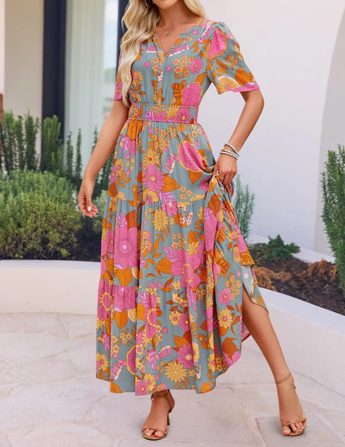 ZESICA Women's 2025 Summer Floral V Neck Maxi Dress Short Sleeve High Waist A Line Tiered Flowy Boho Vacation Dresses