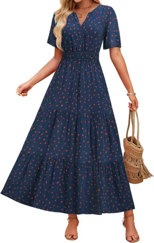 ZESICA Women's 2025 Summer Floral V Neck Maxi Dress Short Sleeve High Waist A Line Tiered Flowy Boho Vacation Dresses