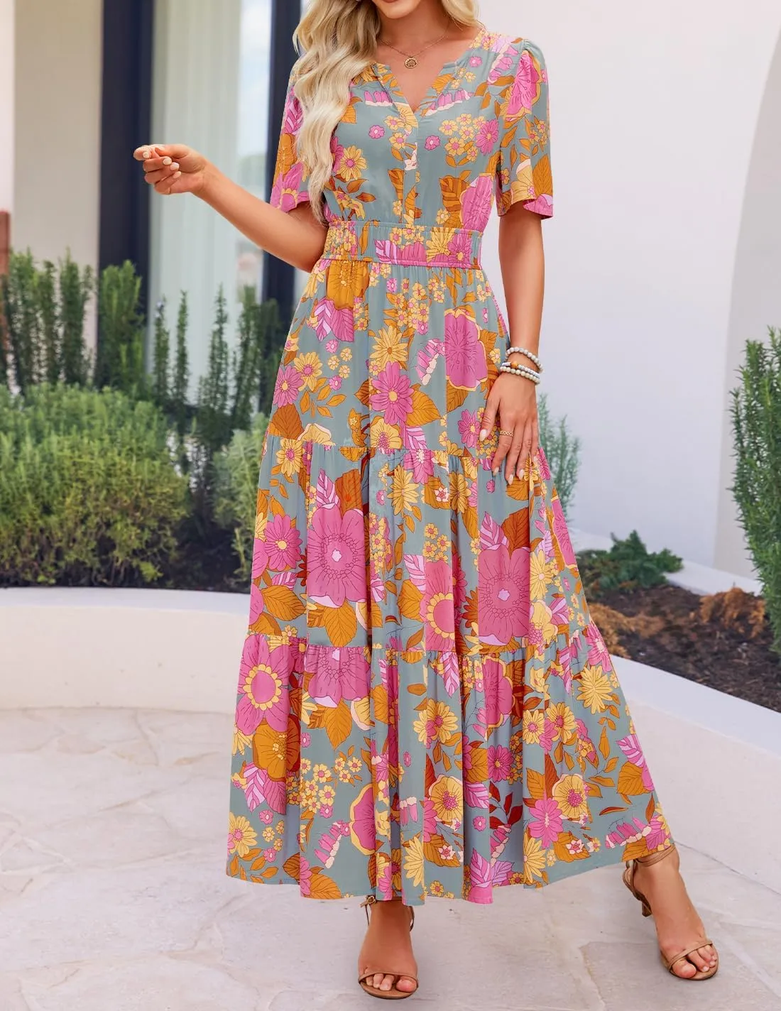 ZESICA Women's 2025 Summer Floral V Neck Maxi Dress Short Sleeve High Waist A Line Tiered Flowy Boho Vacation Dresses
